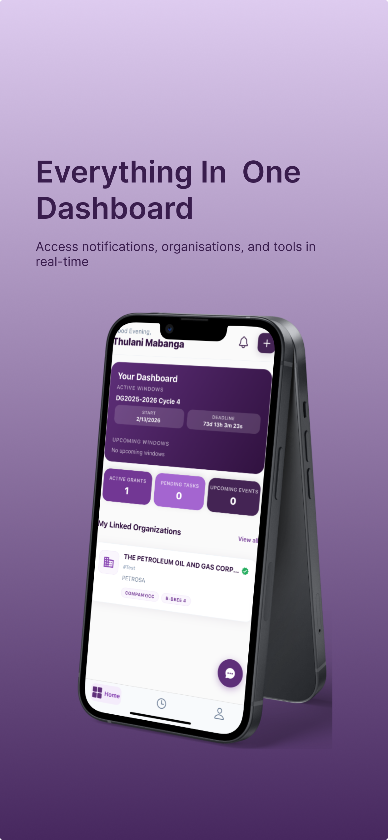 CHIETA App dashboard — access notifications, organisations and tools in real-time