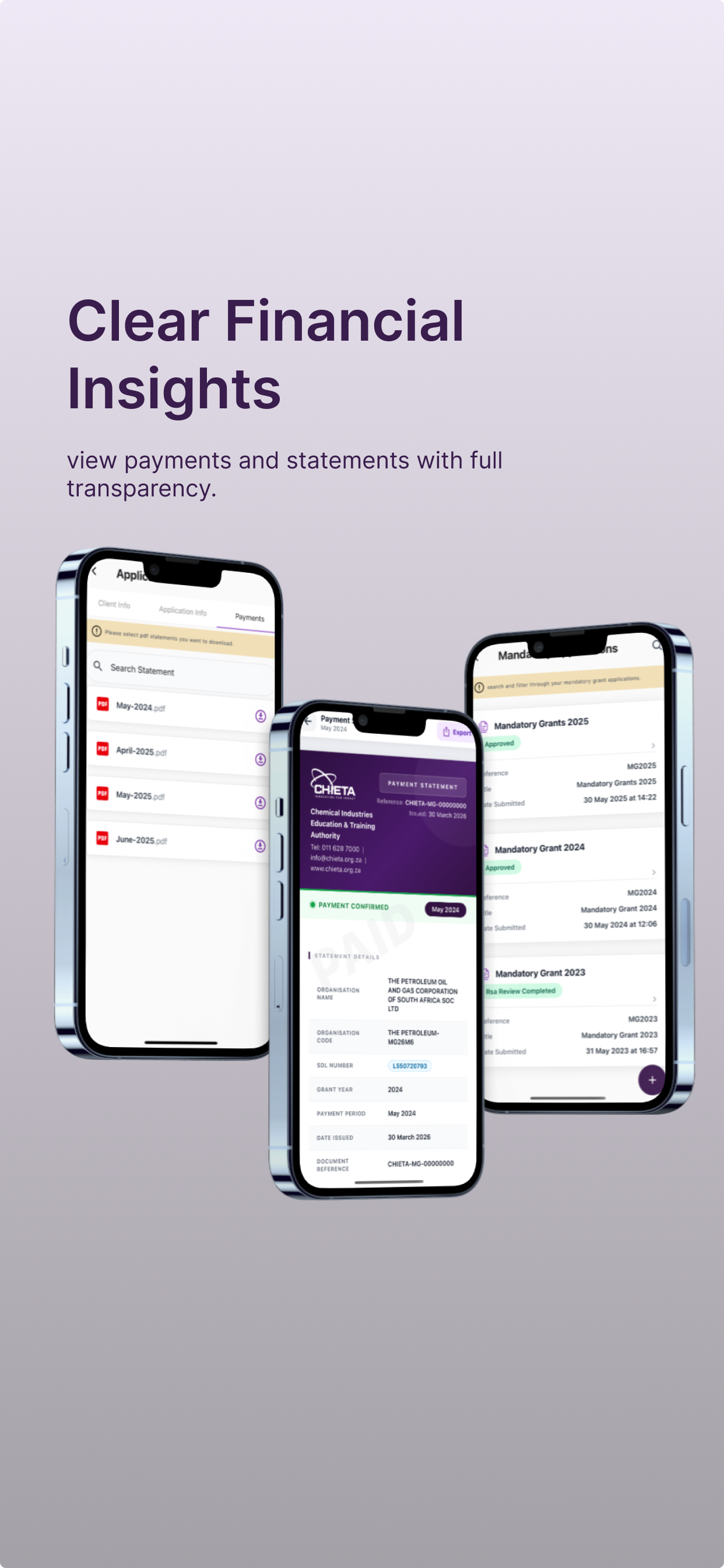 Payments and statements screen — view financial insights with full transparency