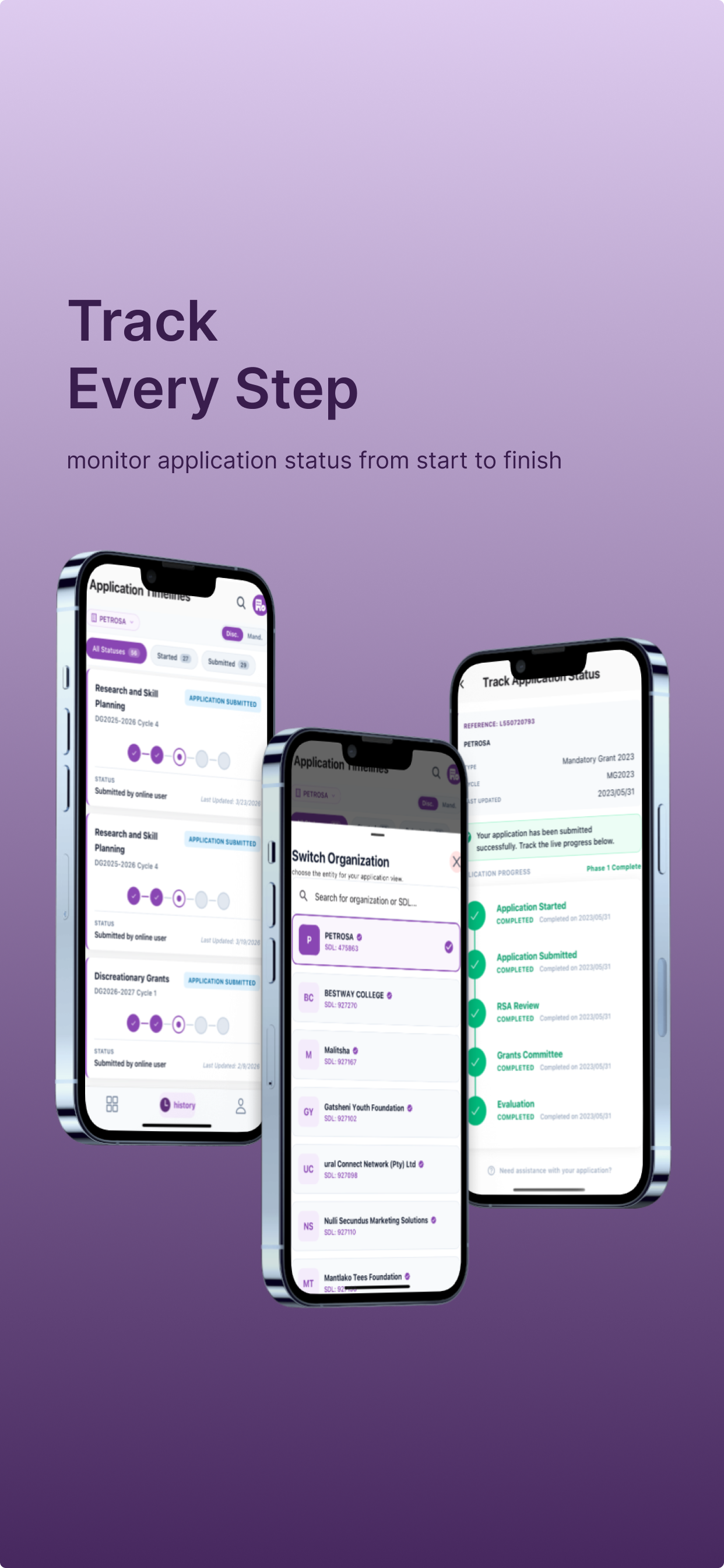 Application tracking screen — monitor your application status from start to finish