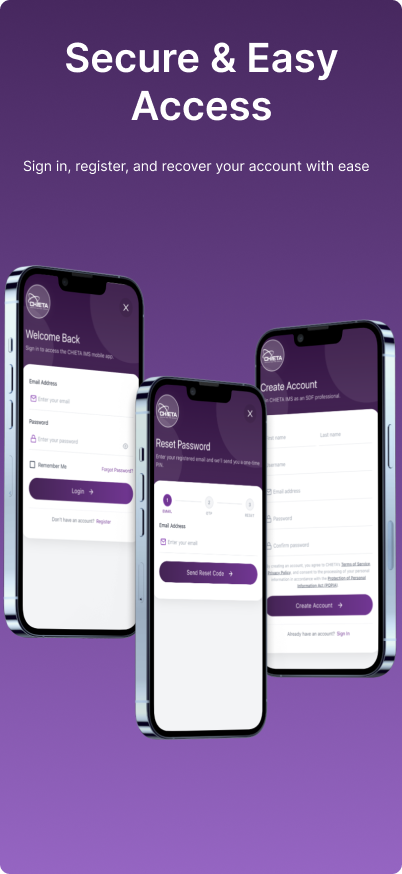 Secure login screen — sign in, register and recover your account with ease